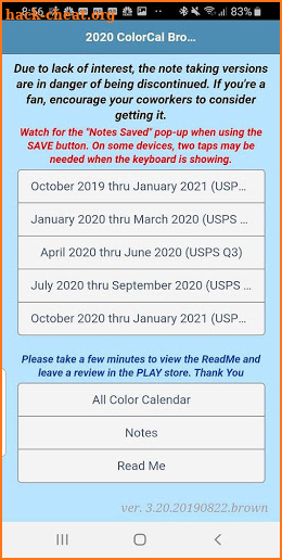 2020 ColorCal USPS Brown E Coded carrier calendar screenshot