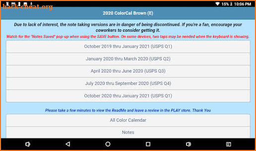 2020 ColorCal USPS Brown E Coded carrier calendar screenshot