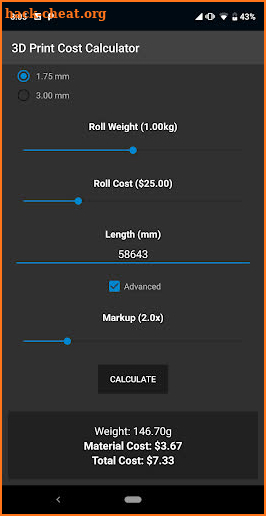 3D Print Material Cost Calcula screenshot