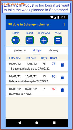 90 days in Schengen planner screenshot