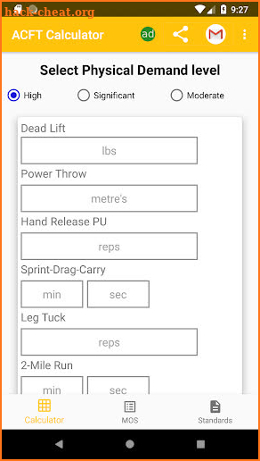 ACFT Calculator screenshot