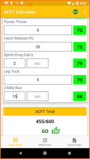 ACFT Calculator screenshot