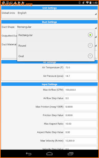 ASHRAE HVAC Duct Sizer screenshot