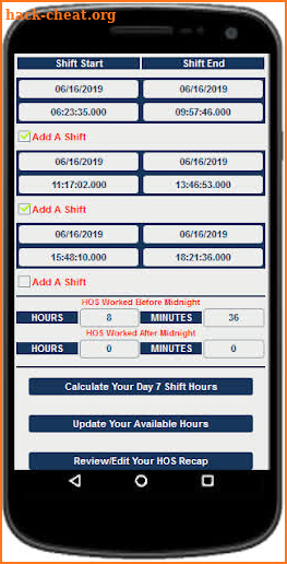 Bus Drivers Hours of Service Recap Calculator screenshot