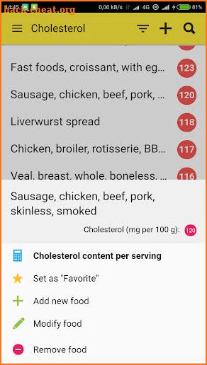 Cholesterol Table: diet aid screenshot