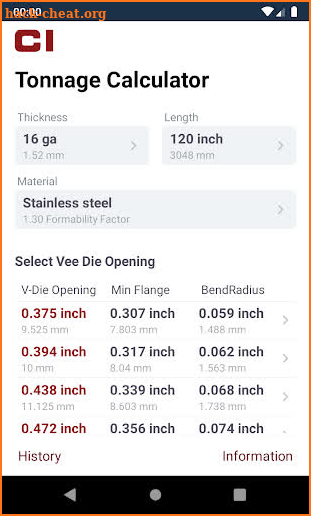 CINCINNATI Load Calculator screenshot