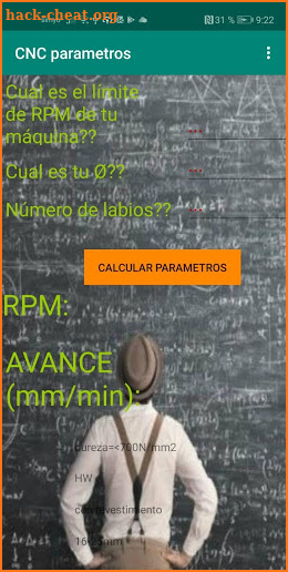 CNC parameters screenshot