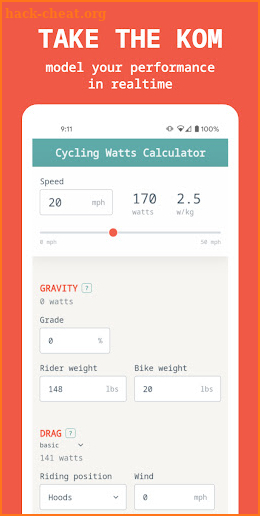 Cycling Watts Calculator screenshot