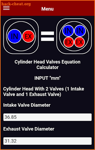 Cylinder Head Valves Equation Calculator screenshot