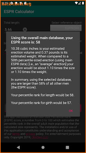 ESPR Calculator - Erection Size Percentile Rank screenshot