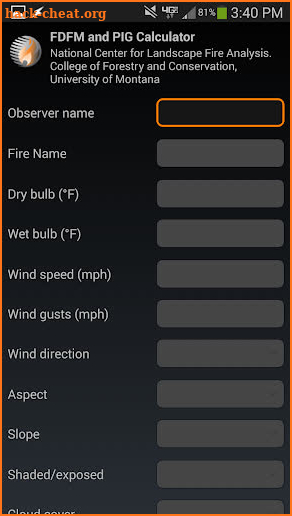 Fire weather calculator screenshot