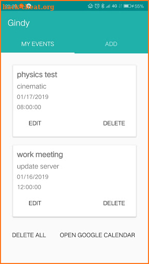 Gindy Calendar events screenshot