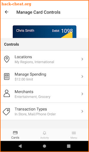 Golden 1 Debit Card Controls screenshot
