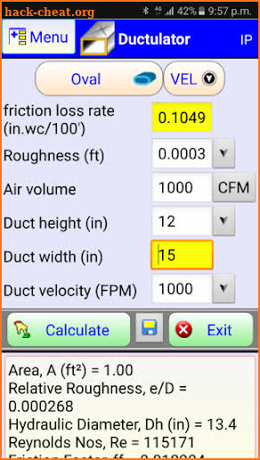 HVAC duct sizer - a Ductulator screenshot