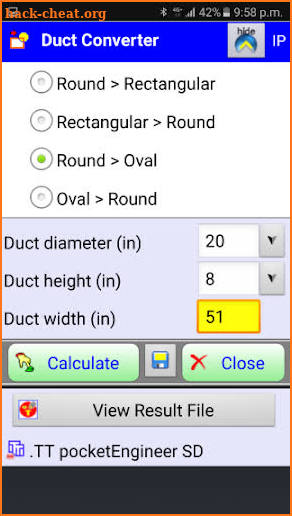 HVAC duct sizer - a Ductulator screenshot