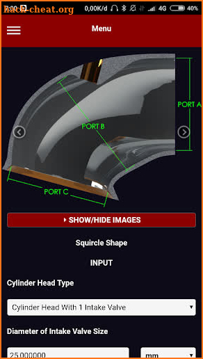 Ideal Four 4 Stroke Intake Port Calculato screenshot