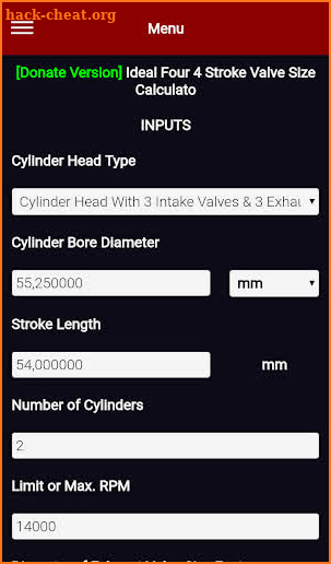 Ideal Four 4 Stroke Valve Size Calculato screenshot