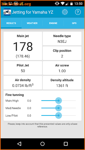 Jetting for Yamaha YZ dirtbike screenshot