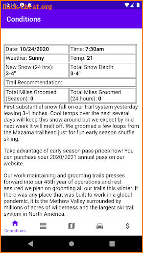 Methow Trails Grooming Report screenshot