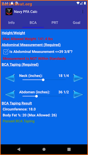 Navy PFA Calc screenshot