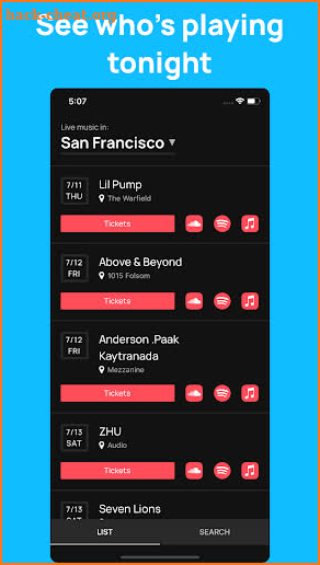 NightList - Live music in SF screenshot