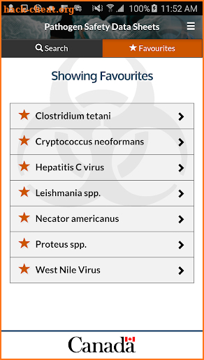 Pathogen Safety Data Sheets screenshot