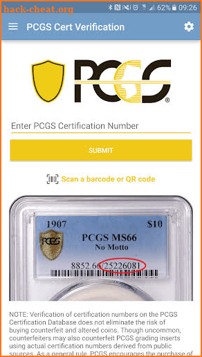 PCGS Coin Cert Verification screenshot