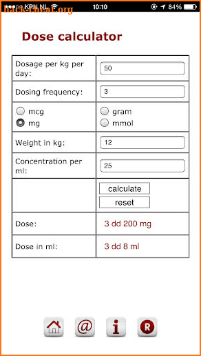 Pediatric dose calculator screenshot