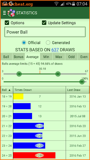 PowerBall and MegaMillions Statistics screenshot