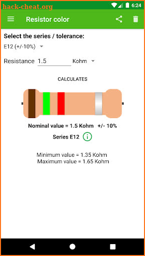 Resistor color calculation screenshot