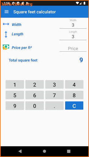 Square feet calculator screenshot