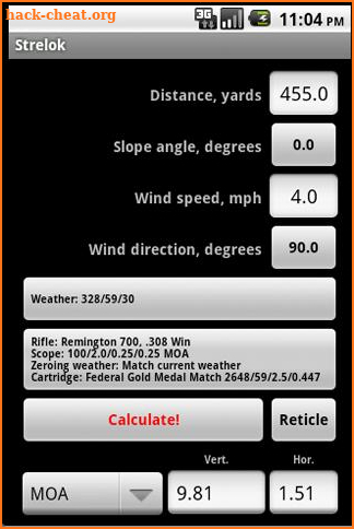 Strelok. Ballistic calculator screenshot