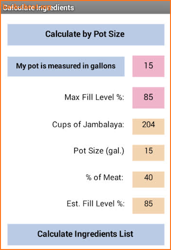 The Jambalaya Calculator screenshot