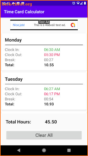 Time Card Calculator screenshot