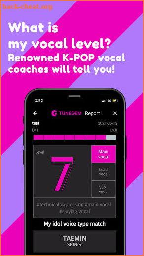 TUNEGEM - Kpop, vocal level test, Idol match, fan screenshot