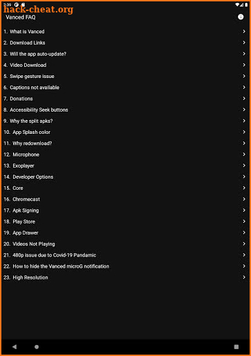 Vanced FAQ screenshot