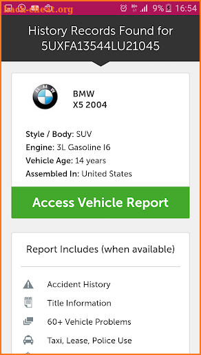 Vehicle History Report screenshot