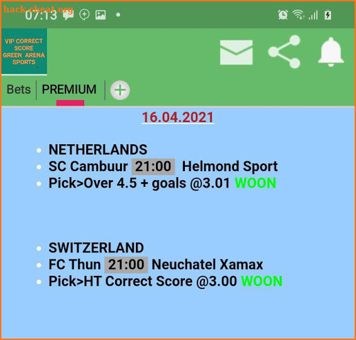 VIP CORRECT SCORE GREEN ARENA SPORTS screenshot