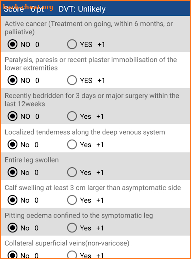 Wells Score for DVT screenshot