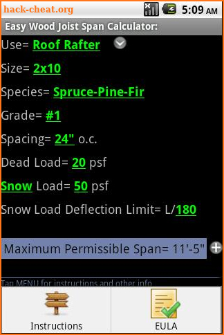 Wood Joist Span Calculator screenshot