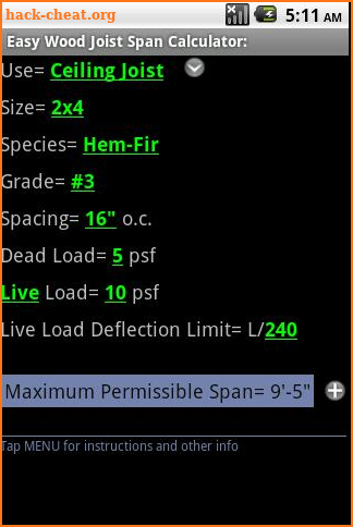 Wood Joist Span Calculator screenshot