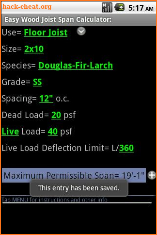 Wood Joist Span Calculator screenshot